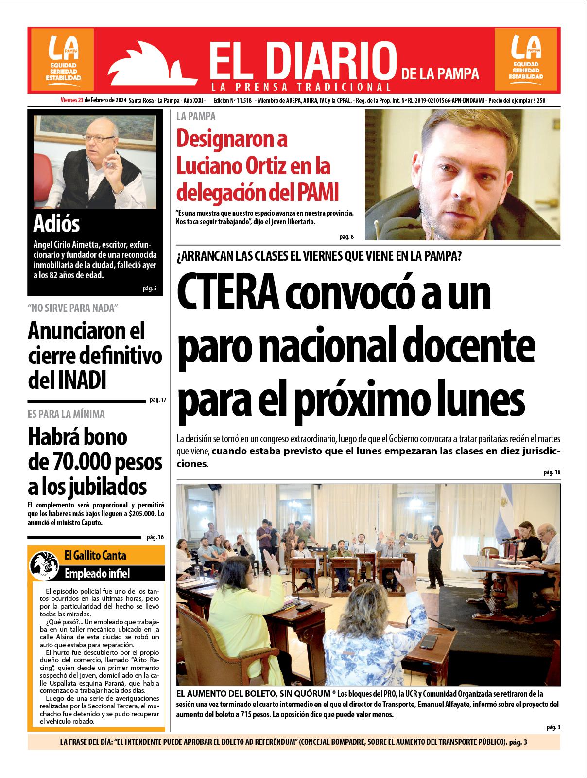 Tapa de El Diario en papel  viernes 23 de febrero de 2024